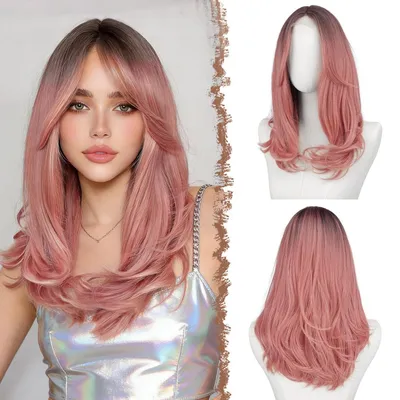 Produktbild von Perücke Lace Front Ombre Rosa 45 cm Synthetik mit Pony