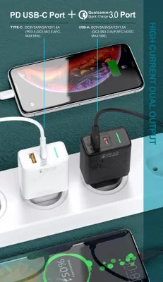 Productafbeelding van DrPhone HALO7 - 18W Snellader - USB-C PD 3.0 + Qualcom 3.0 Lader - Led-indicator