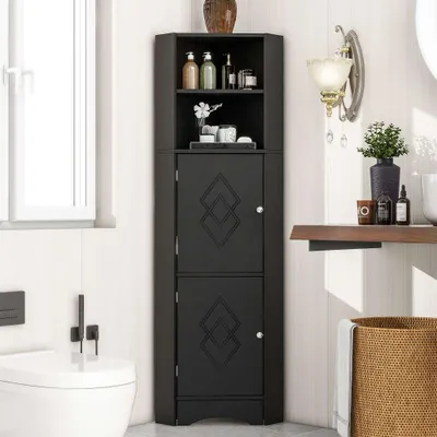Image de Armoire d'angle pour salle de bain, armoire d'angle avec 2 compartiments & fond réglable, imperméable, peu encombrante, 36.5x36.5x155cm, noir