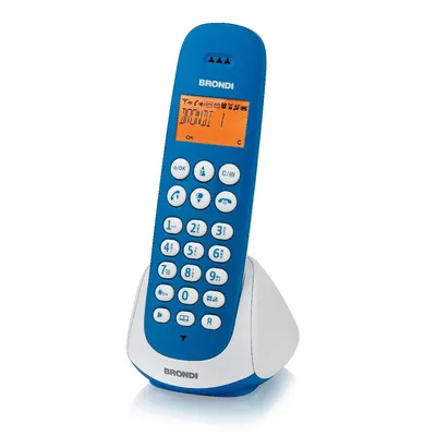 A blue and white Brondi cordless phone is shown on its charging base against a white background.