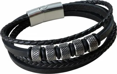 Zdjęcie produktu dla Męska bransoletka skórzana czarna retro srebro stal nierdzewna 21 cm