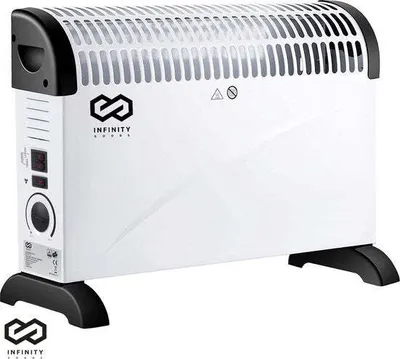 A white electric convector heater with black accents and feet, shown from a three-quarter front view against a white background.