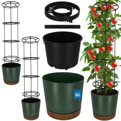 Produktbild von KOTARBAU® 2er Set Pflanztopf für Tomaten ⌀ 39 cm Blumentopf mit Rankhilfe für Kletterpflanzen Tomatenturm 141 cm Robust & Langlebig Kunststoff Grün