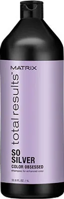 A bottle of Matrix Total Results Color Obsessed So Silver Shampoo.