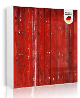 Produktbild von banjado Schlüsselkasten aus Metall, 30x30cm groß mit 32 Haken, als Magnettafel nutzbar, Korpus weiß, Anschlag rechts, Rote Holzlatten [SKGW1 10748]