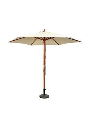 A patio umbrella with a wooden frame and beige canopy, standing on a black base.