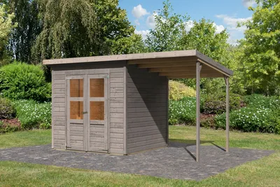 Produktbild von Karibu Gartenhaus Gerätehaus Merseburg 4 mit Anbaudach vorvergraut 370x214x219 cm