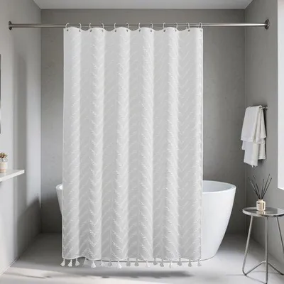 Produktbild von Unyqoos® weißer Duschvorhang im Bohemienstil, 180 x 200 cm, schimmelresistent und wasserabweisend mit C-förmigen Ringen