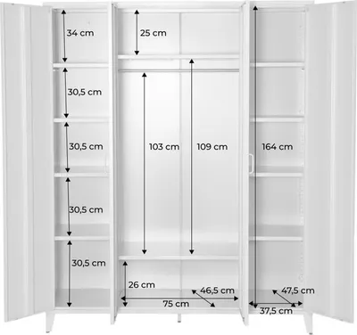 An open, white metal wardrobe with multiple shelves and a hanging rod, showing internal dimensions.