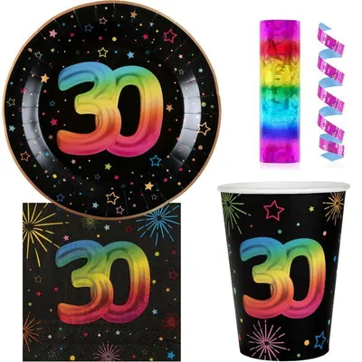 Produktbild von 30. Geburtstag Einweggeschirr bunt Partyset Party Geschirr Pappteller Pappbecher Servietten