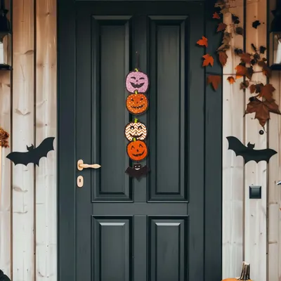 Zdjęcie produktu dla Dekoracja na Halloween - dynia - wisząca - drewniana - 62 x 13 cm