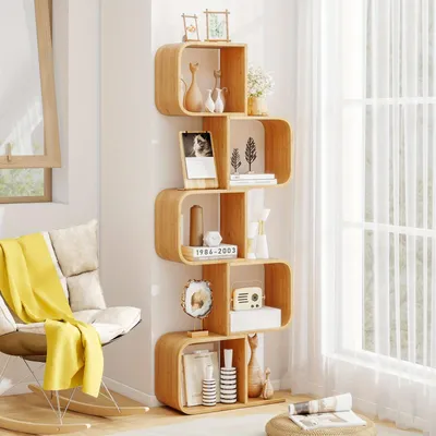 Produktbild von Bambus-Bücherregal – Bücherablage – Wandregal – Aufbewahrungsschrank – Ausstellungsregal – 5 Fächer – S-förmiges Design