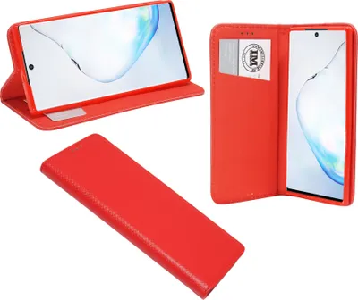 A collage of images showing a red phone case for a Samsung Galaxy Note 10 Plus, including views of the case open, closed, and from the side.