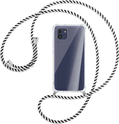 Produktbild von Handykette Backcover-Schutzhülle mit Band (Metall silberfarben) für Samsung Galaxy A03 4G - schwarz/weiß gestreift