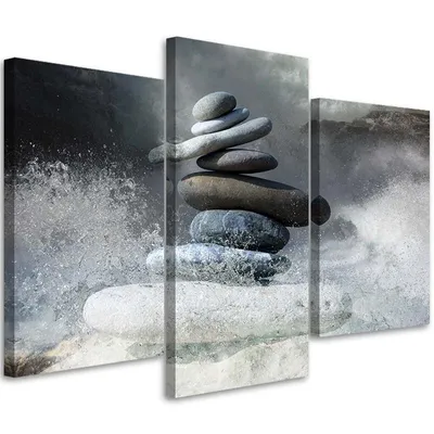 Produktbild von Triptychon auf leinwand zen-steine im wasser 150x100 cm Feeby grau wandbild bereit zum aufhängen