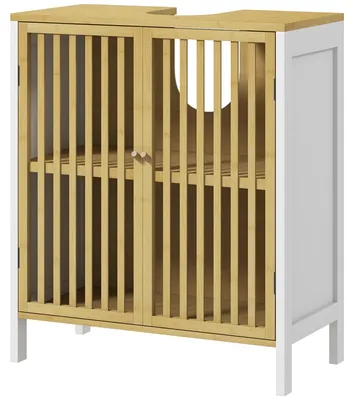 Produktbild von Zweitš¹riger Waschtischunterschrank mit verstellbarem Einlegeboden und Unterschrank fš¹r das Waschbecken, 60 x 30 x 70 cm, MDF und Bambus