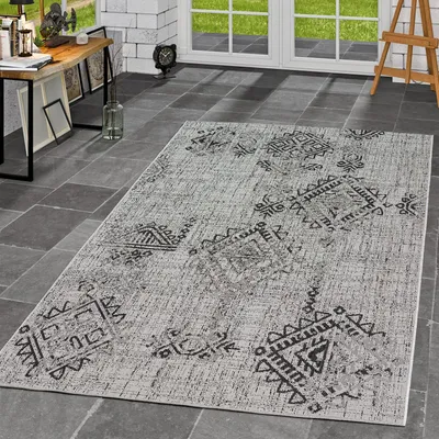 Produktbild von TT Home Innen & Außenteppich Flachflor Teppich Vintage Optik Style Aztekendesign In Grau Größe 60x100 cm