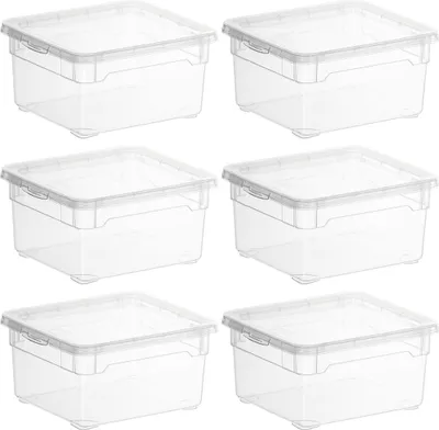 Six clear plastic storage boxes with lids are arranged in two rows of three.