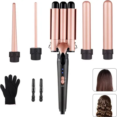 Produktbild von DOPWii Lockendreher 5 in 1 Lockenstäbe,Lockenwickler,mit Handschuh,2 Temperaturstufen, Turmalin-Keramik-Glasurbeschichtung, 60S schnelle Erwärmung, 360° Drehung, 2M Netzkabel