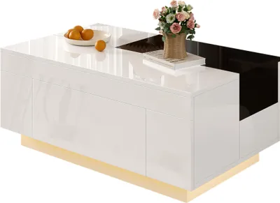 Image de Table basse Sweiko haute brillance avec éclairage LED, plateau de table extensible noir et blanc, espace de rangement caché et bande lumineuse réglable en 16 couleurs - le choix idéal pour un salon stylé