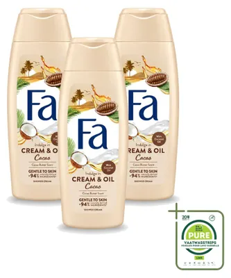 Zdjęcie produktu dla 3 sztuki kremowego żelu pod prysznic Fa Cream & Oil o zapachu kakao, zawierającego masło kakaowe i olej kokosowy, pojemność 250 ml - opakowanie zbiorcze