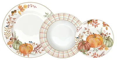 Produktbild von Tafelservice 18tlg. HARVEST Herbst mit Blättern, Karos und Kürbismotiv Easy Life