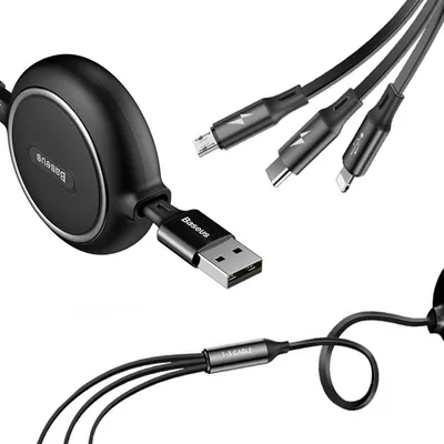 Produktbild von Baseus Golden Loop rozwijany kabel 3w1 USB - micro USB / Lightning / USB-C 3.5A 35cm - 120cm czarny (CAMLT-JH01)