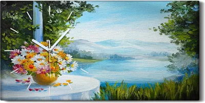 Produktbild von Wandkunst Leinwand Bild Uhr 60x30 Malerei Gras Landschaft See Berg Natur Kunst - weiße Hände