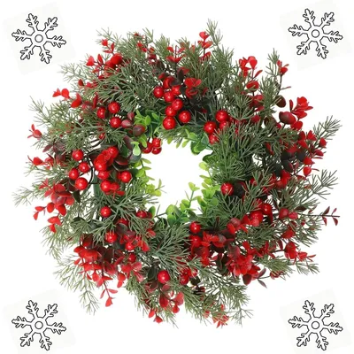Image de Couronne de porte de Noël avec des baies rouges et des guirlandes