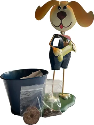 Produktbild von Für Kinder: "Mein erstes Pflanzset": Pflanztopf mit Metallfigur Hund (ca. 30 x 20 x 15 cm), 1 Tüte Bienenfutter-Wildblumensamen und Kultursubstrat-Tab zur Anzucht