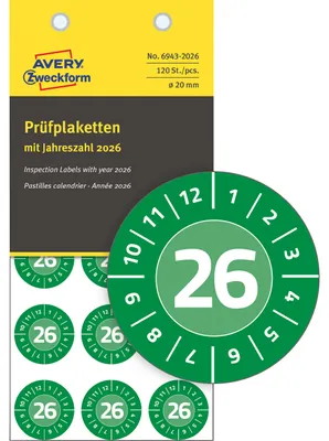 Produktbild von Avery Zweckform 6943-2026, Prüfplaketten, ? 20 mm, 8 Bögen, grün