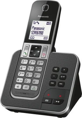 A cordless Panasonic phone and its charging base are shown against a white background.
