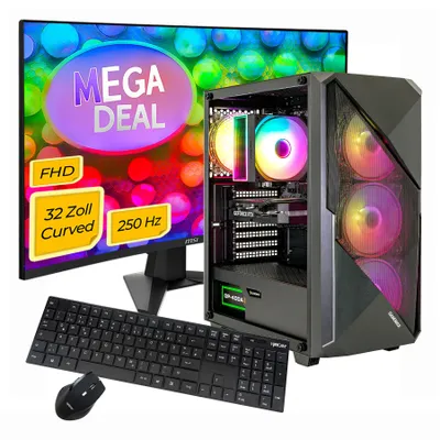 GAMEMAX Gaming-PC MegaDeal Striker Komplett-SET i7 14700F 16GB RAM 1TB SSD RTX 5060Ti (16GB) WIN11 + MSI MAG 32C6X Curved Monitor 80cm (32") + Zubehör