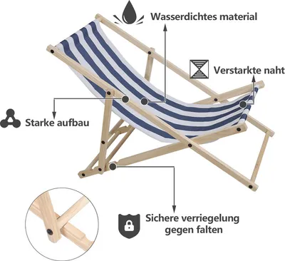 Produktbild von Liegestuhl Chair Liege Klappbar Holz mit Armauflagen Campingstuhl klappliege Blau weiß