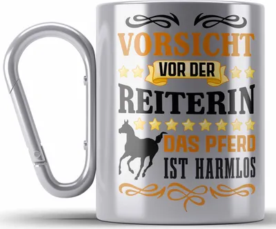 Produktbild von Trendation - Reiterin Mädchen Pferde Geschenk Edelstahl Tasse Karabiner Reiten Reiterin Kinder Becher Spruch Lustig Geburtstag (Silber)