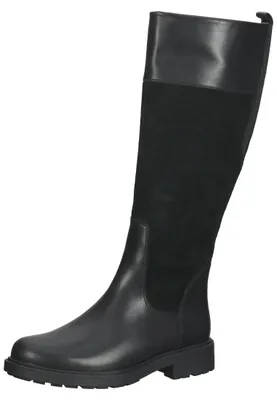 A black knee-high boot made of leather and suede.