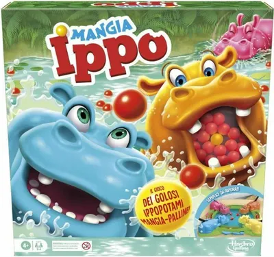 The image shows the box art for the board game 'Mangia Ippo', featuring cartoon hippos playing in water and eating balls.