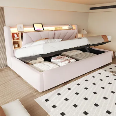 Productafbeelding van Flieks gestoffeerd bed 90x200 cm met rugleuning, eenpersoonsbed voor jongeren met USB-aansluiting en LED-verlichting, slaapbank met opbergvakken en een opbergruimte, fluweel, roze