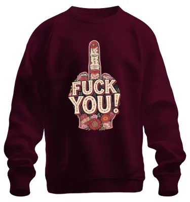 Immagine prodotto di Maglietta con cappuccio o felpa, design "cenno osceno con fiori", stile audace e provocatorio, colore bordeaux, taglia L