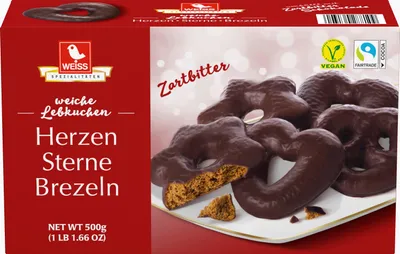 Produktbild von Weiss Herzen Sterne Brezeln Zartbitter 500g