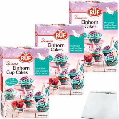 Produktbild von Ruf Einhorn Cup Cakes Backmischung mit Backförmchen Creme und knetbarer Zuckermasse 3er Pack (3x365g Packung) + usy Block