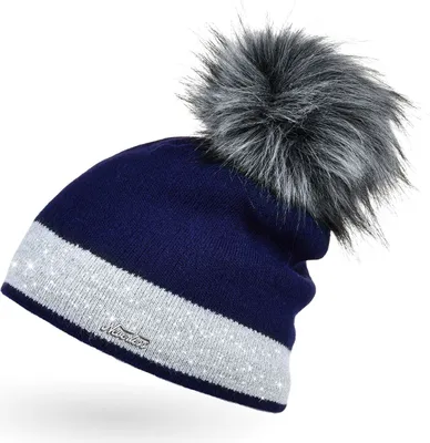 Produktbild von Damen Strick-Mütze gefüttert Fell-Bommel Kunstfell Winter-Mütze Feinstrick mit Glitzer-Garn Bommelmütze Neverless® navy-hellgrau unisize