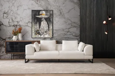 Produktbild von Dreisitzer Sofa 3 Sitzer Polstersofa Weiß Stoff Stoffsofa Holz Sofas