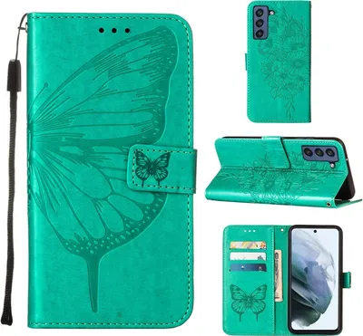 Produktbild von Galaxy S21 FE Hülle, Schmetterling Prägung Flip Leder Kartenfächer Schutzhülle Ledertasche mit Ständer für Samsung Galaxy S21 FE Grün