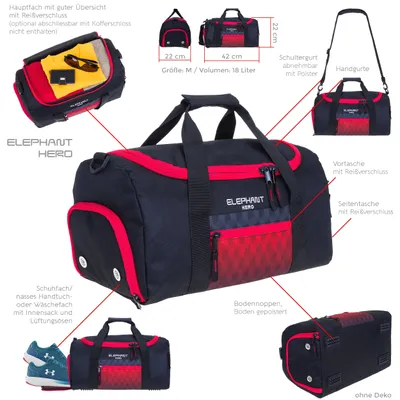 Produktbild von Sporttasche Elephant Hero Signature Tasche Sport Fitness Kindertasche Jungen Mädchen Nass- / Schuhfach 12867 Red Cube (Rot Schwarz)