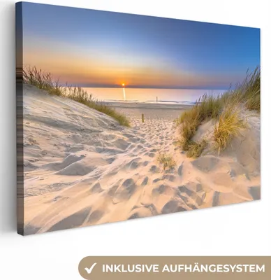 Produktbild von MuchoWow® - Leinwandbilder - Düne - Sonnenuntergang - Horizont - Strand - Gras, Wandbild, Wanddeko Bilder Wohnzimmer, 30x20cm
