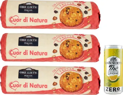 Produktbild von 3er-Pack Ore Liete Cuor di Natura Biscotti Frutta,Kekse mit Getreide und Obst,mit Vollkornmehl und ohne Zuckerzusatz,250g + 1er-Pack San Benedetto Eistee mit Zitrone Ohne Zucker 330ml Dose