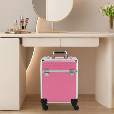 Produktbild von Professioneller Schminkkoffer, multifunktionaler Kosmetikkoffer, großer Trolley-Aufbewahrungskoffer, Pfirsichfarbe
