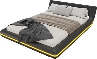 Produktbild von Polsterbett mit LED-Beleuchtung und Lattenrost, 140x200 cm, gepolsterter Kopfteil, Bezug aus Kunstleder, Doppelbett
