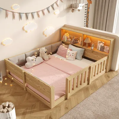 Produktbild von Flieks Kinderbett 140x200cm mit Led, Bodenbett Holzbett mit gepolsterter Rückenlehne, Kinderbett mit Staufächern und Rausfallschutz, Naturbelassen